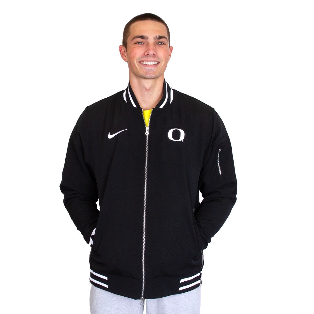 Classic Oregon O, Nike, Black, Coat/Jacket, Polyester Blend, Men, Football, Crinkled, Twill, Bomber style, Varsity Stripe Cuffs, 797559